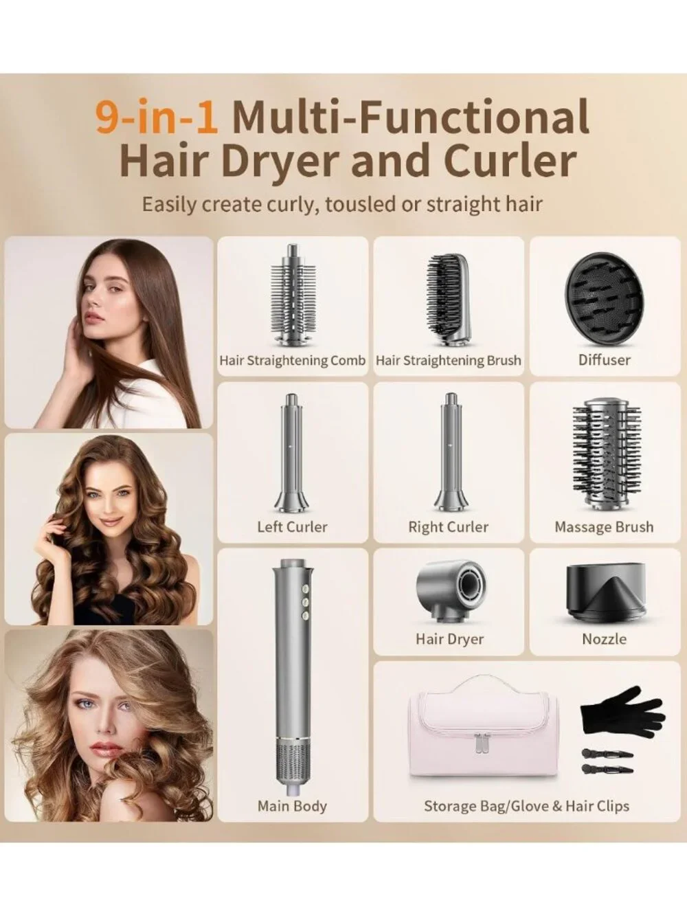 9-in-1 Hair Dryer Brush Kit, Curly Hair Tool with Diffuser for Effortless